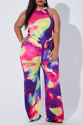 Plus Size Jumpsuit with Attached Tie Purple and Gold