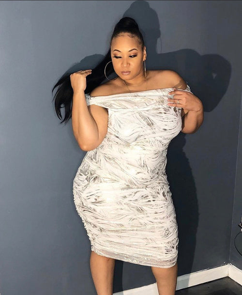 Final Sale Plus Size Off Shoulder Ruched Midi Dress in White and Gold