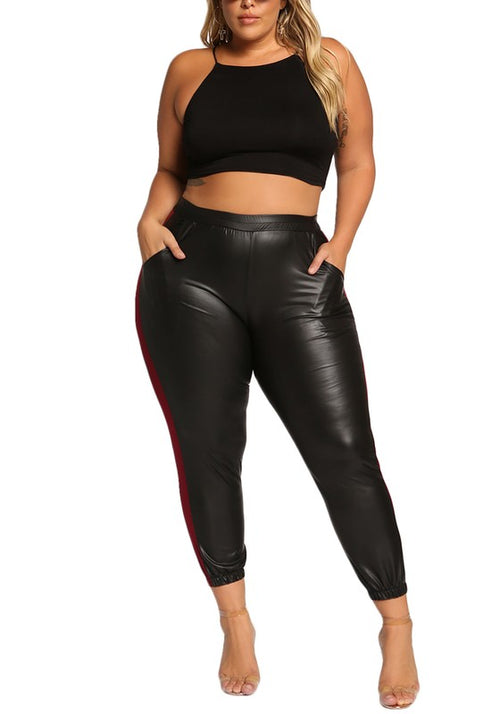 Plus Size Faux Leather Joggers in Black with Red Stripe on Seam - Flyy By Nyte 