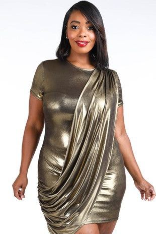 Plus Size Metallic Draped Bodycon Dress in Gold