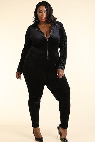 Plus Size Full Body Velvet Bodysuit with Front Zipper in Black