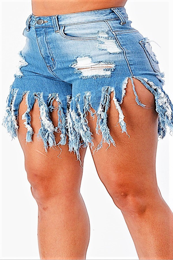 Plus Size High Rise Distressed Denim Shorts in Medium Wash
