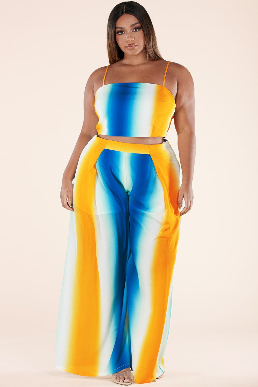 Plus Size 2-Piece Set Crop Top and Wide Leg Pants in Blue and Yellow