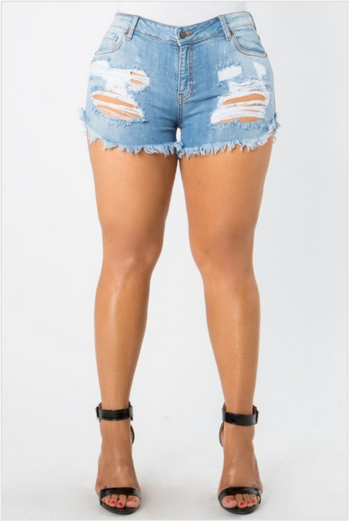Plus Size NO STRESS Denim Shorts in Light Blue Wash - Flyy By Nyte 