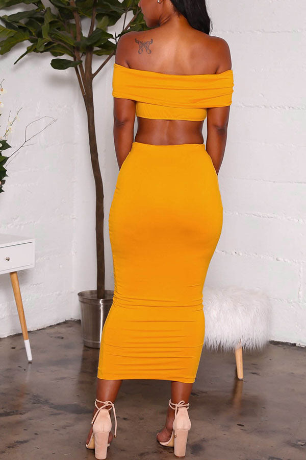 Plus Size SEXY MAMA Off Shoulder Crop Top and Maxi Skirt in Mustard - Flyy By Nyte 