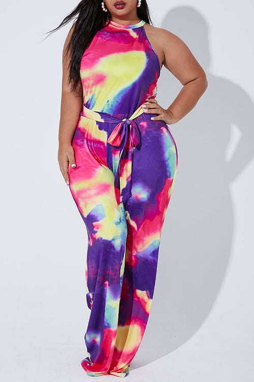 Plus Size Halter Jumpsuit with Attached Tie in Fuchsia Purple and Yellow Tie Dye Print