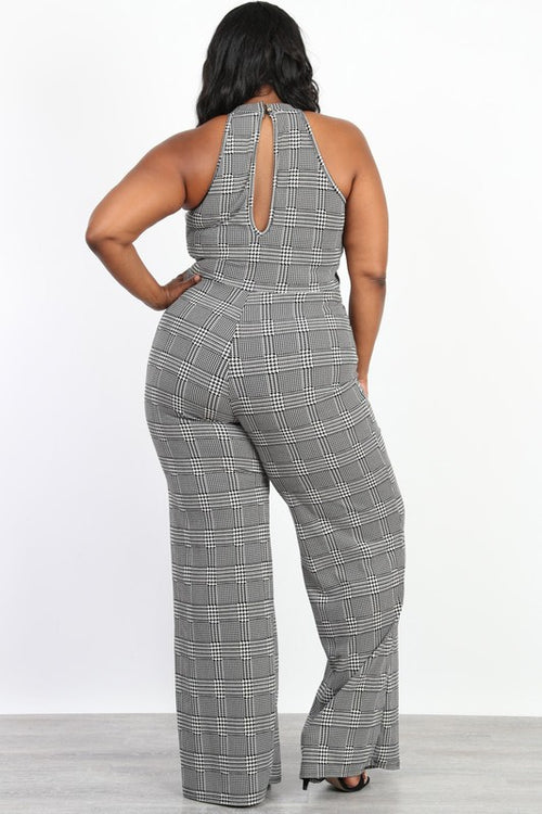 Women's Plus Size Sleeveless Jumpsuit in Plaid Black and White - Flyy By Nyte 