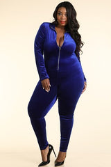 Plus Size Full Body Velvet Bodysuit with Front Zipper in Royal Blue