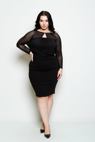 Plus Size 3/4 Sleeve Mini with Attached Tie in Navy Blue