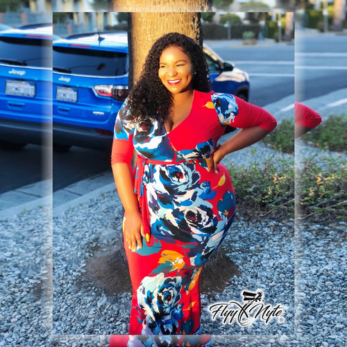 Final Sale Plus Size Faux Wrap Maxi with Attached Tie in Red and Blue