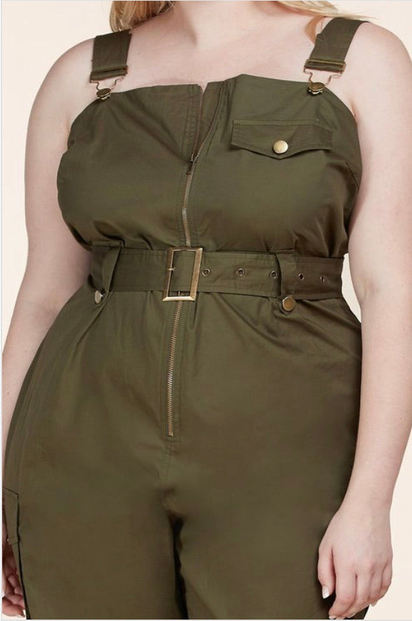Plus Size One-Piece Jumpsuit with Pockets in Olive Green 