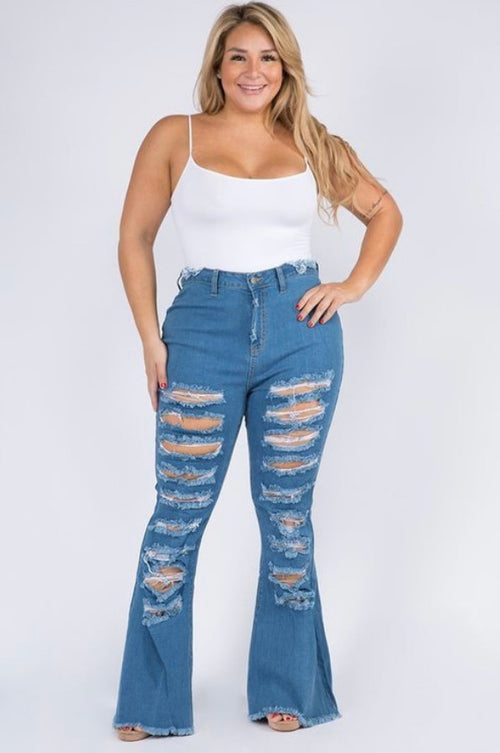 Final Sale Plus Size Distressed Bell Bottom Jeans in Light Wash