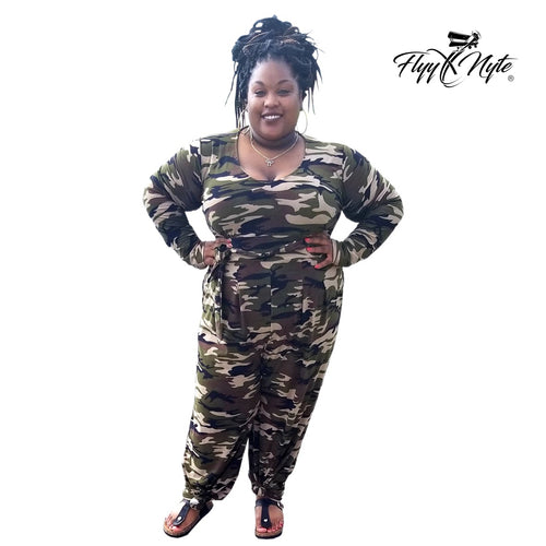 Women's Plus Size CAMO Long Sleeve Jumpsuit with Pockets - Flyy By Nyte 