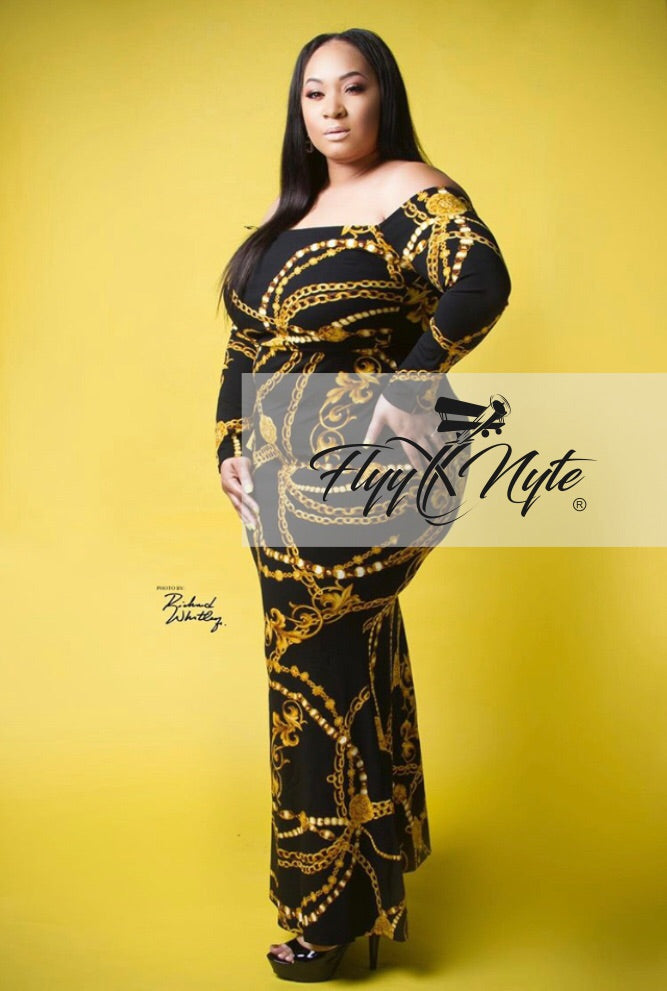 Plus Size Off Shoulder Maxi with Bottom in Black and Gold