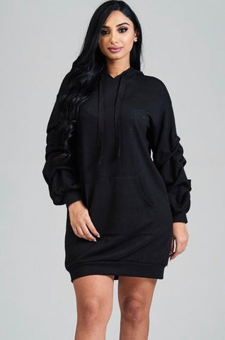Plus Size Hoodie Mini Dress in White with Checker Sleeves