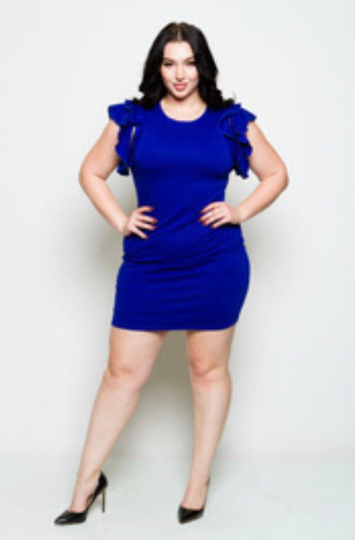 Women's Plus Size HOTTIE Mini Dress with Ruffles on Sleeves and Back Zipper in Royal Blue - Flyy By Nyte 
