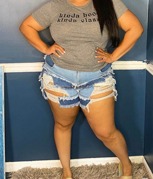 Final Sale Plus Size Distressed Shorts in Patchwork Denim