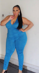 Final Sale Plus Size Ruched Halter Jumpsuit in Turquoise 