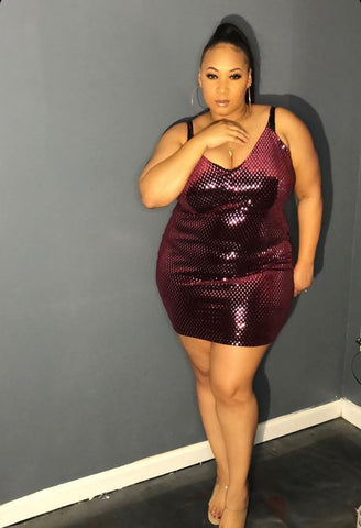 Plus Size Faux Wrap Mini Dress with Attached Tie in Burgundy