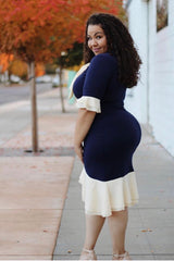 Women's Plus Size HEATHER 3/4 Sleeve Midi Dress in Navy Blue and Cream - Flyy By Nyte 