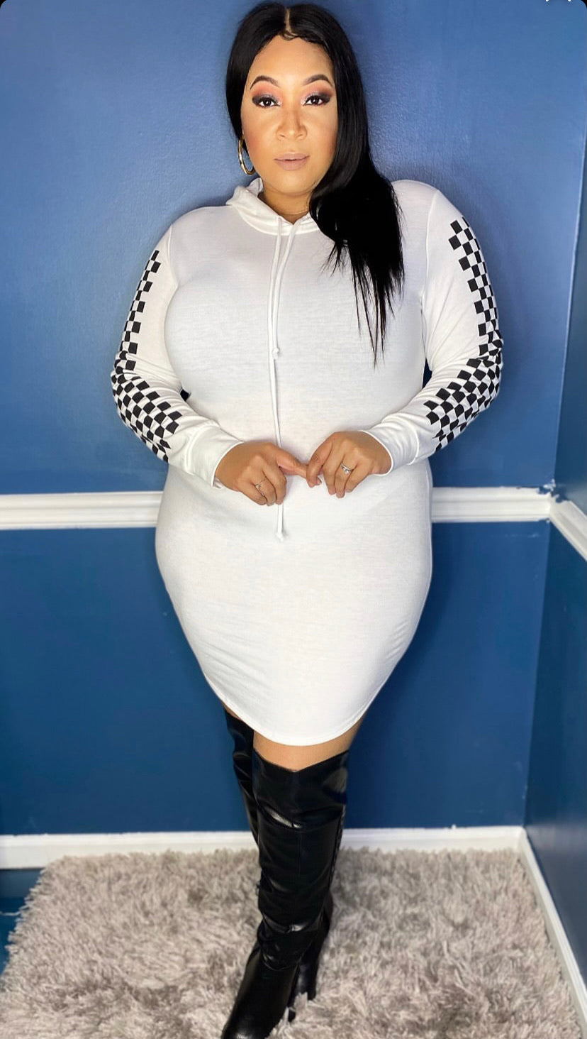New Plus Size Hoodie Mini Dress in White with Checker Sleeves
