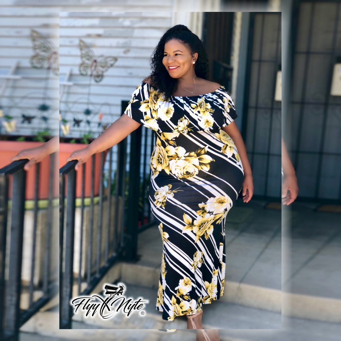 Women's Plus Size CURVESLAYER Off Shoulder Navy Blue Maxi Dress with Yellow Flower Print - Flyy By Nyte 