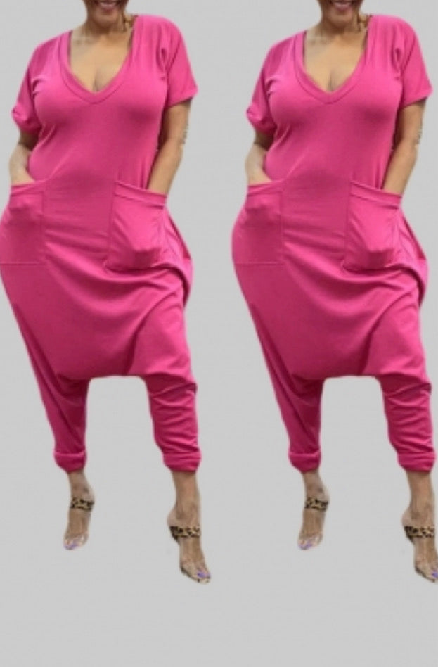 Plus Size V Neck Harem Jumpsuit in Pink
