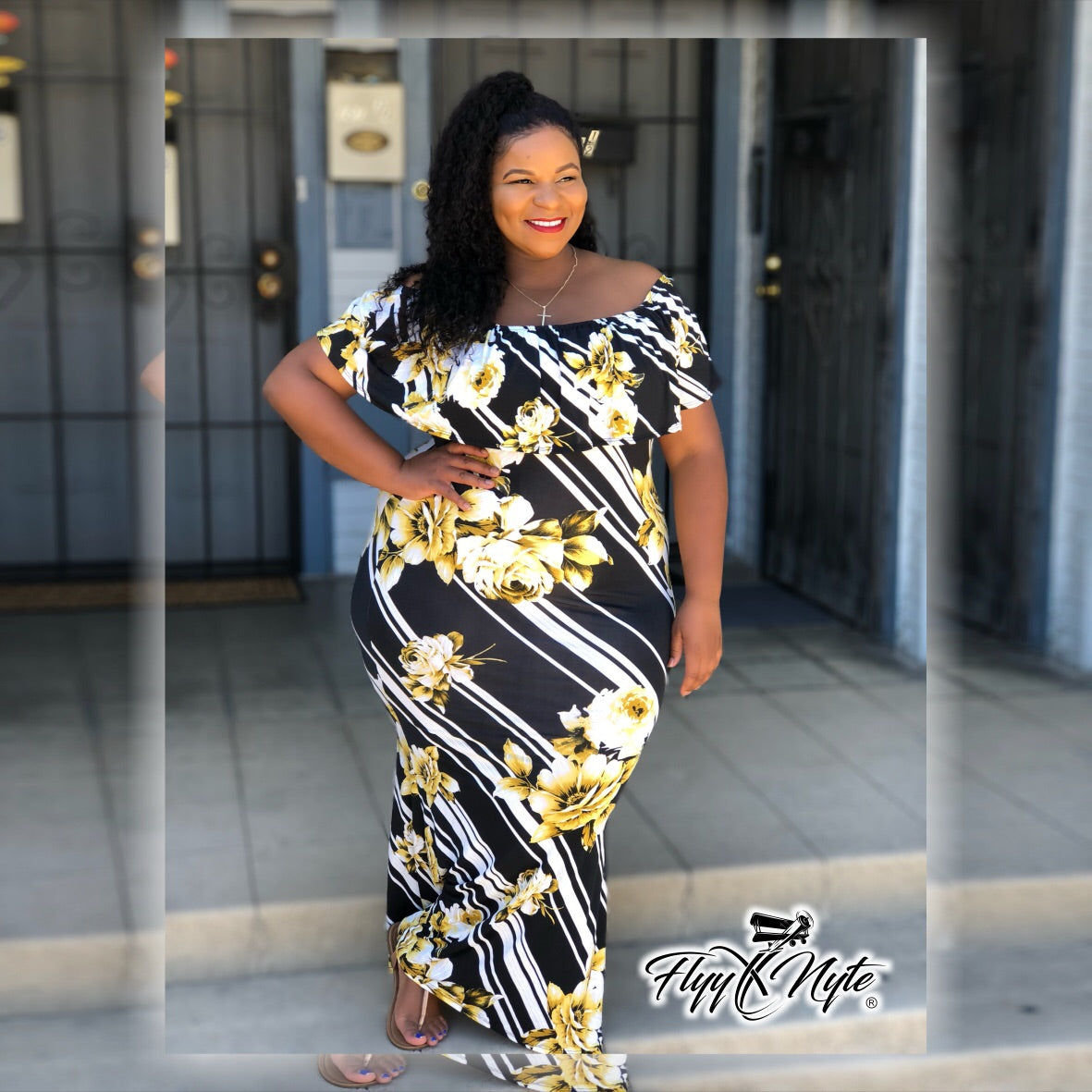 Women's Plus Size CURVESLAYER Off Shoulder Navy Blue Maxi Dress with Yellow Flower Print - Flyy By Nyte 