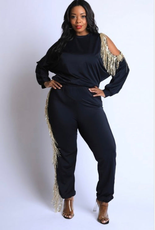 Final Sale Plus Size 2-Piece Top and Pants Set in Black with Gold Fringe