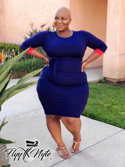 Women's Plus Size WORK IT Short Sleeve Knee Length Dress with Attached Tie in Navy Blue - Flyy By Nyte 