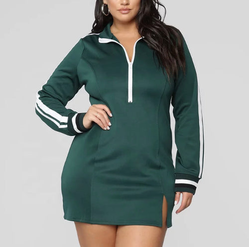 Plus Size Bodycon Jersey Dress with Front Zipper in Heather Green and White
