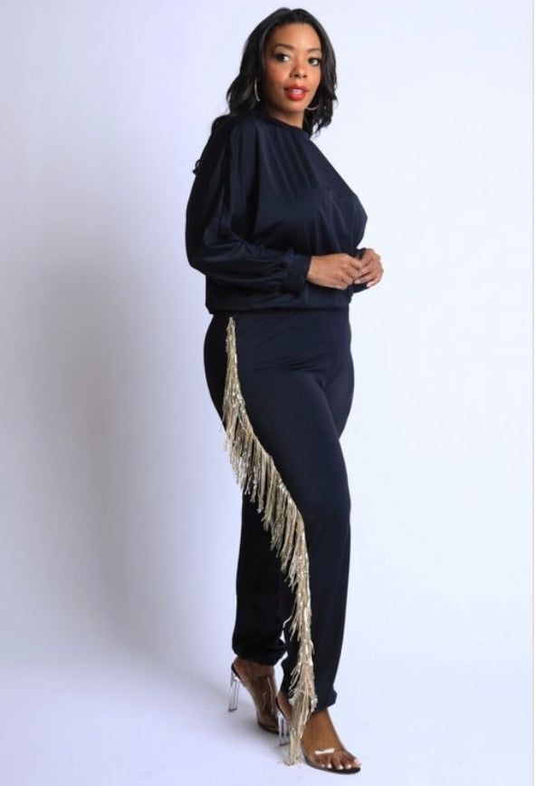 Final Sale Plus Size 2-Piece Top and Pants Set in Black with Gold Fringe