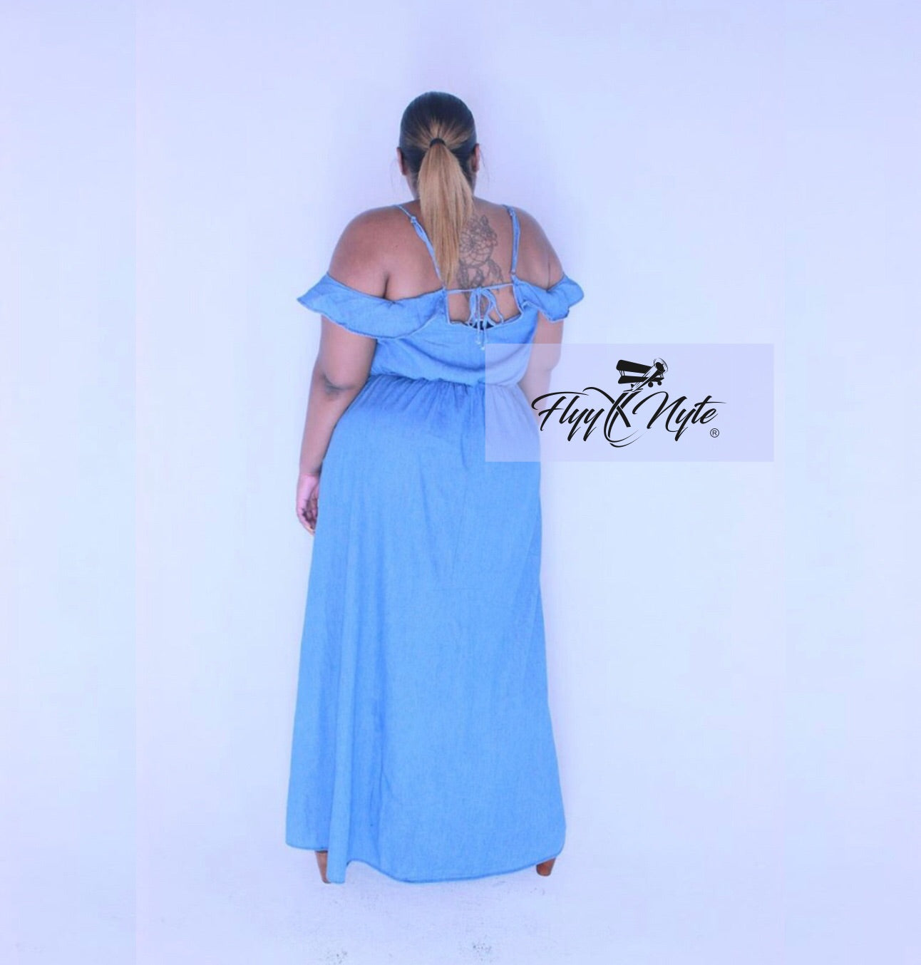 Final Sale Plus Size Cold Shoulder Denim Dress in Blue