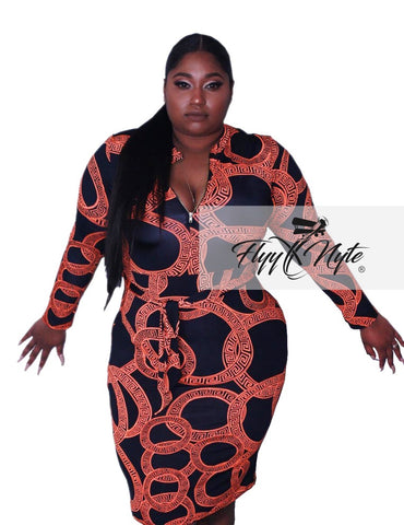 Plus Size 3/4 Sleeve Mini with Attached Tie in Navy Blue