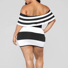 Final Sale Plus Size Off Shoulder Color Block Dress in Black and White