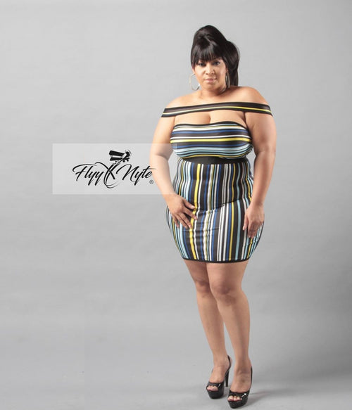 Plus Size Off Shoulder Bodycon Mini in Black Blue and Yellow